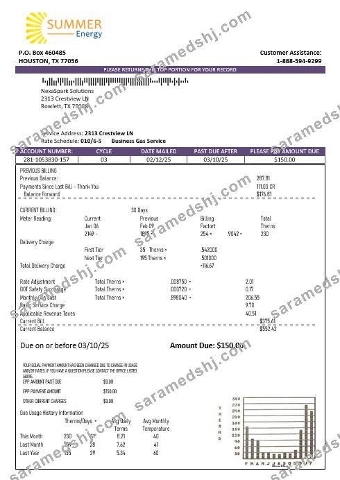 USA Texas Summer Energy easy fillable business utility bill template in Word and PDF formats